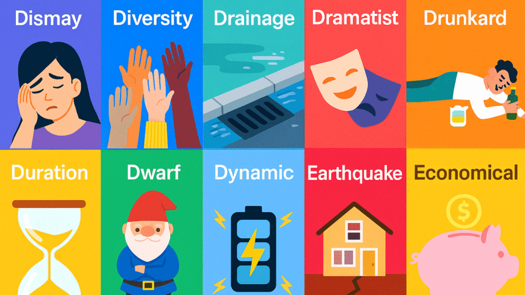 1. Dismay 2. Diversity 3. Drainage 4.Dramatist 5. Drunkard 6. Duration 7. Dwarf 8. Dynamic 9. Earthquake 10. Economical