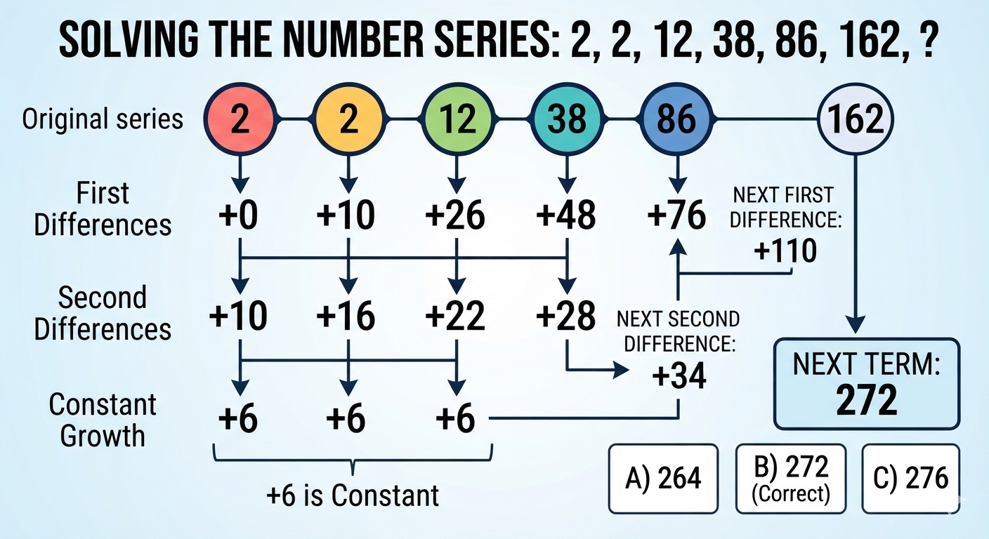 Find the next term of the series: 2, 2, 12, 38, 86, 162, ?

A) 264
B) 272
C) 276
D) Can't be determined